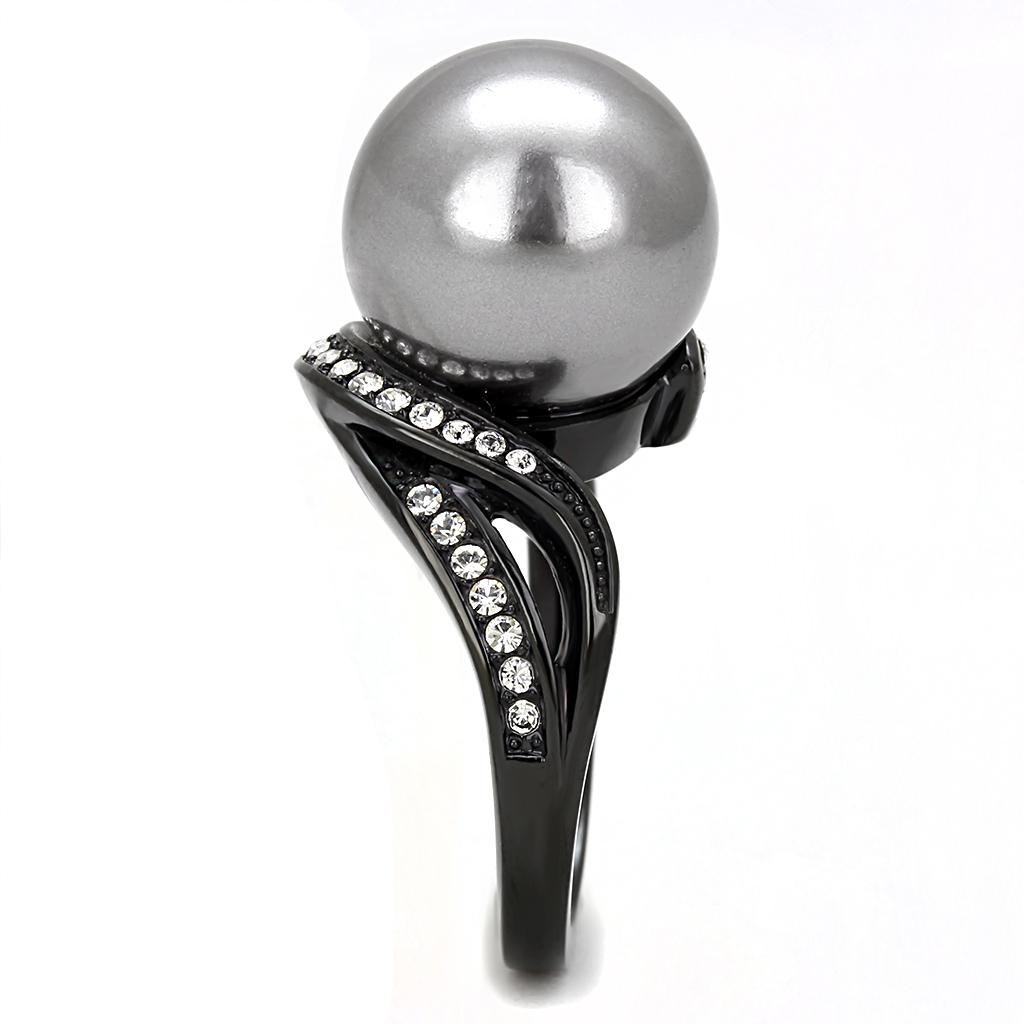TK3052 IP Black Stainless Steel Ring featuring a gray synthetic pearl, showcasing a modern design with a sleek finish.