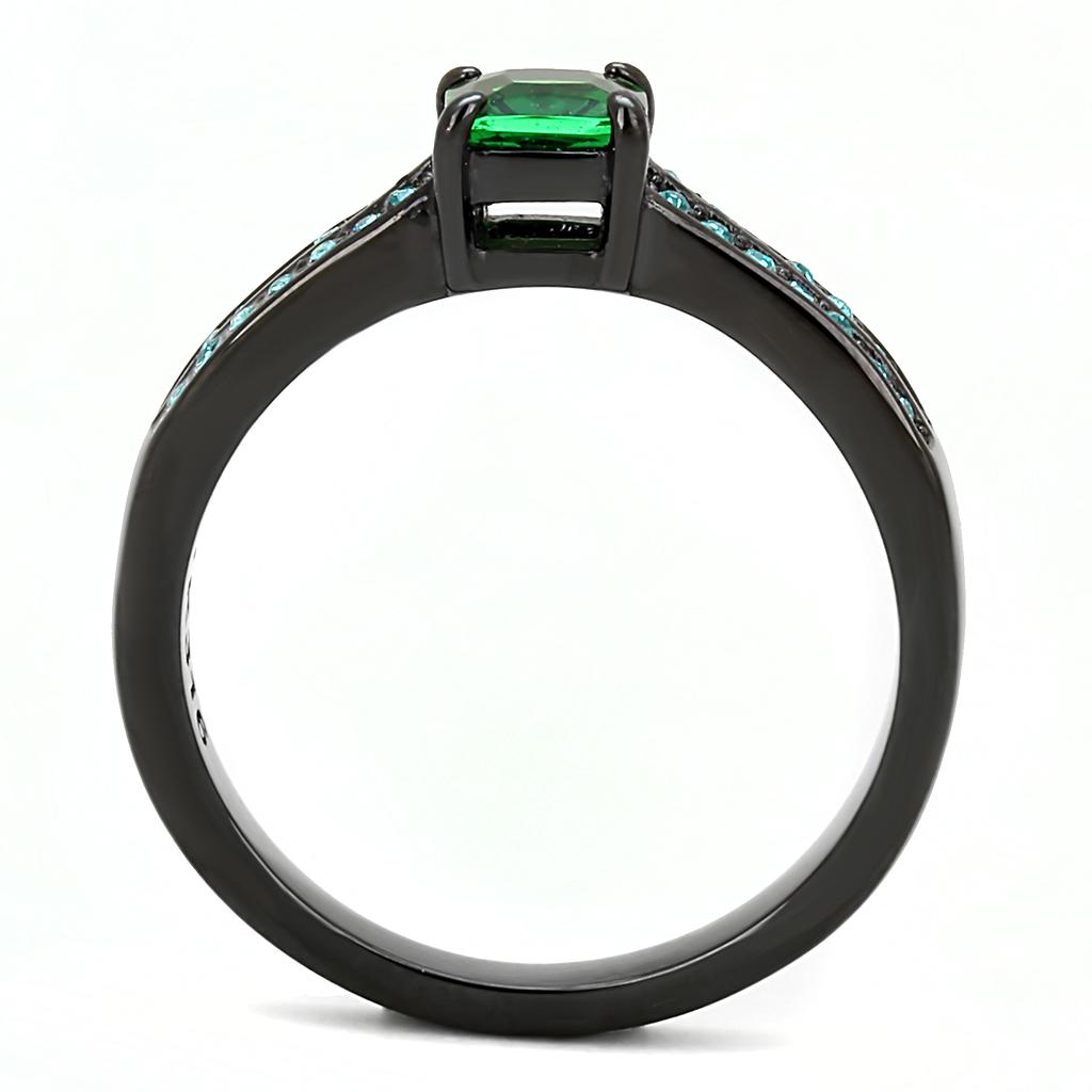 TK3064 IP Black Stainless Steel Ring featuring a synthetic emerald stone, showcasing a modern design with a sleek finish.