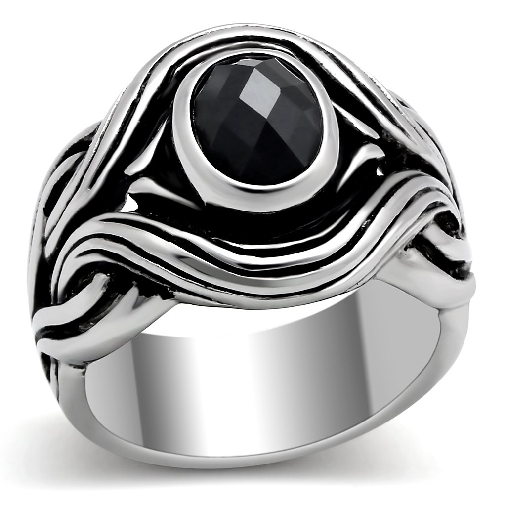 TK307 High Polished Stainless Steel Ring featuring a jet black AAA Grade CZ center stone, showcasing a sleek and elegant design.