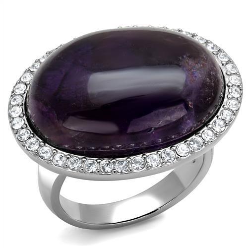 TK3083 High Polished Stainless Steel Ring featuring a beautiful amethyst crystal centerpiece, showcasing its elegant design and shiny finish.