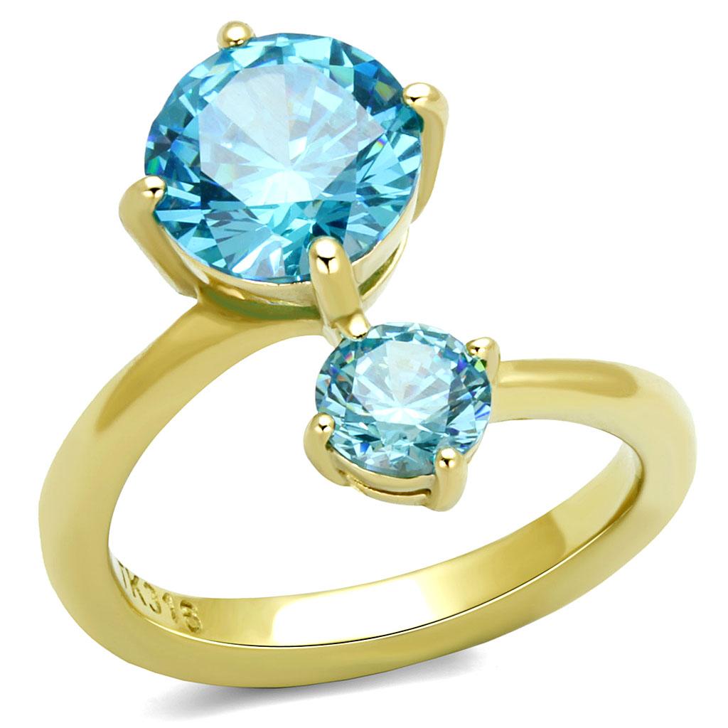 TK3092 IP Gold Stainless Steel Ring featuring a sea blue AAA Grade CZ stone, showcasing elegance and durability.