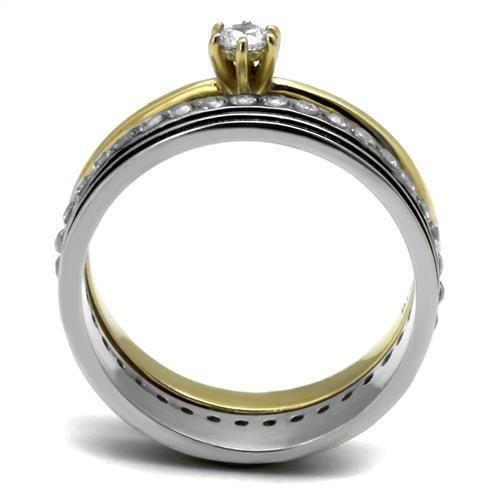 TK3108 Two-Tone IP Gold Stainless Steel Ring featuring a clear AAA grade CZ stone, showcasing a luxurious and elegant design.