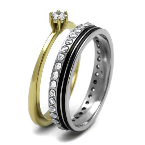 TK3108 Two-Tone IP Gold Stainless Steel Ring featuring a clear AAA grade CZ stone, showcasing a luxurious and elegant design.