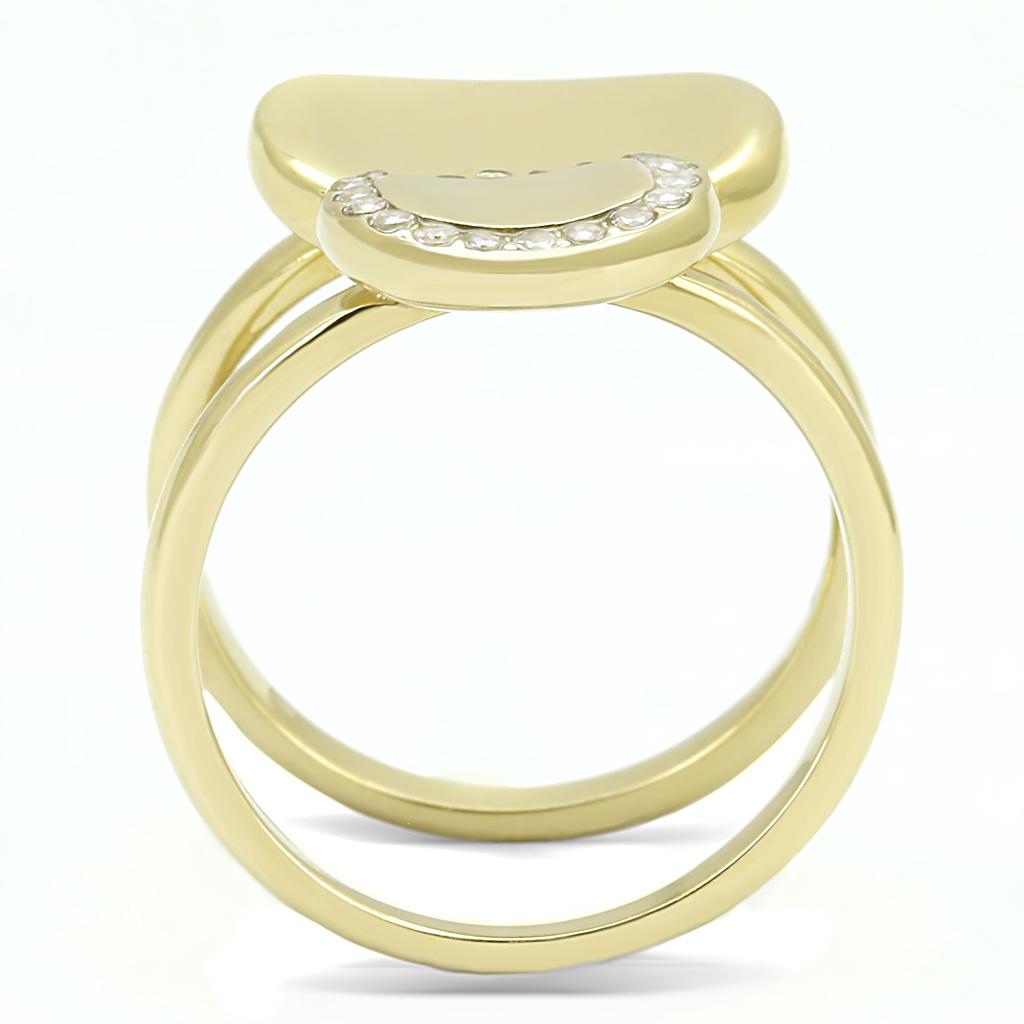 TK3121 IP Gold Stainless Steel Ring featuring a clear AAA Grade CZ center stone, showcasing its elegant design and durable finish.