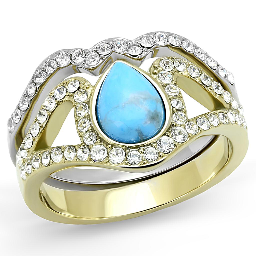 TK3124 Two-Tone IP Gold Stainless Steel Ring featuring a vibrant turquoise synthetic stone, showcasing its elegant design.