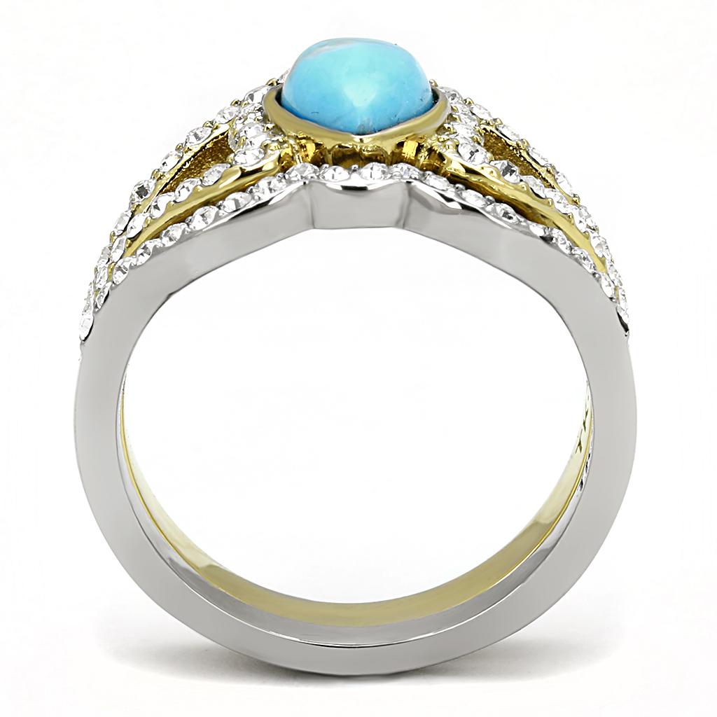 TK3124 Two-Tone IP Gold Stainless Steel Ring featuring a vibrant turquoise synthetic stone, showcasing its elegant design.