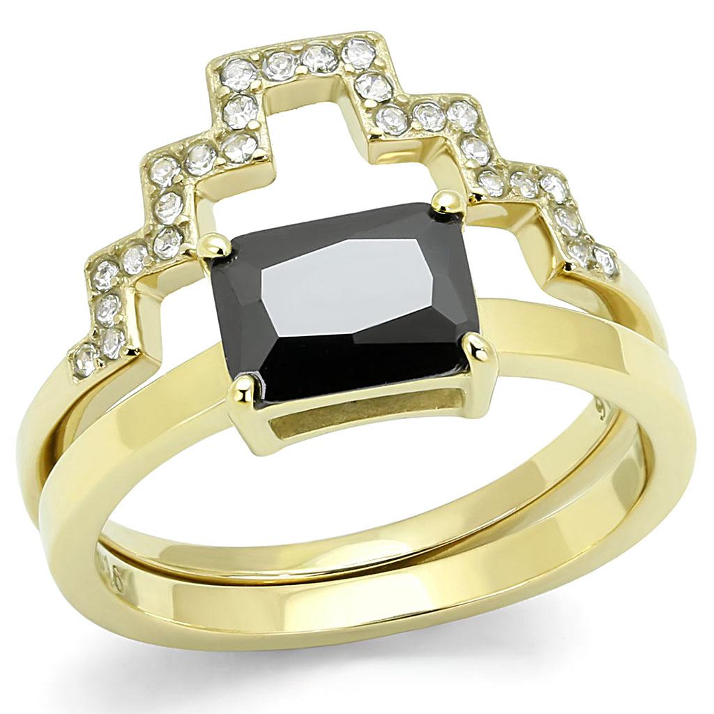 TK3127 IP Gold Stainless Steel Ring featuring a black diamond colored AAA Grade CZ stone, elegantly designed for durability and style.