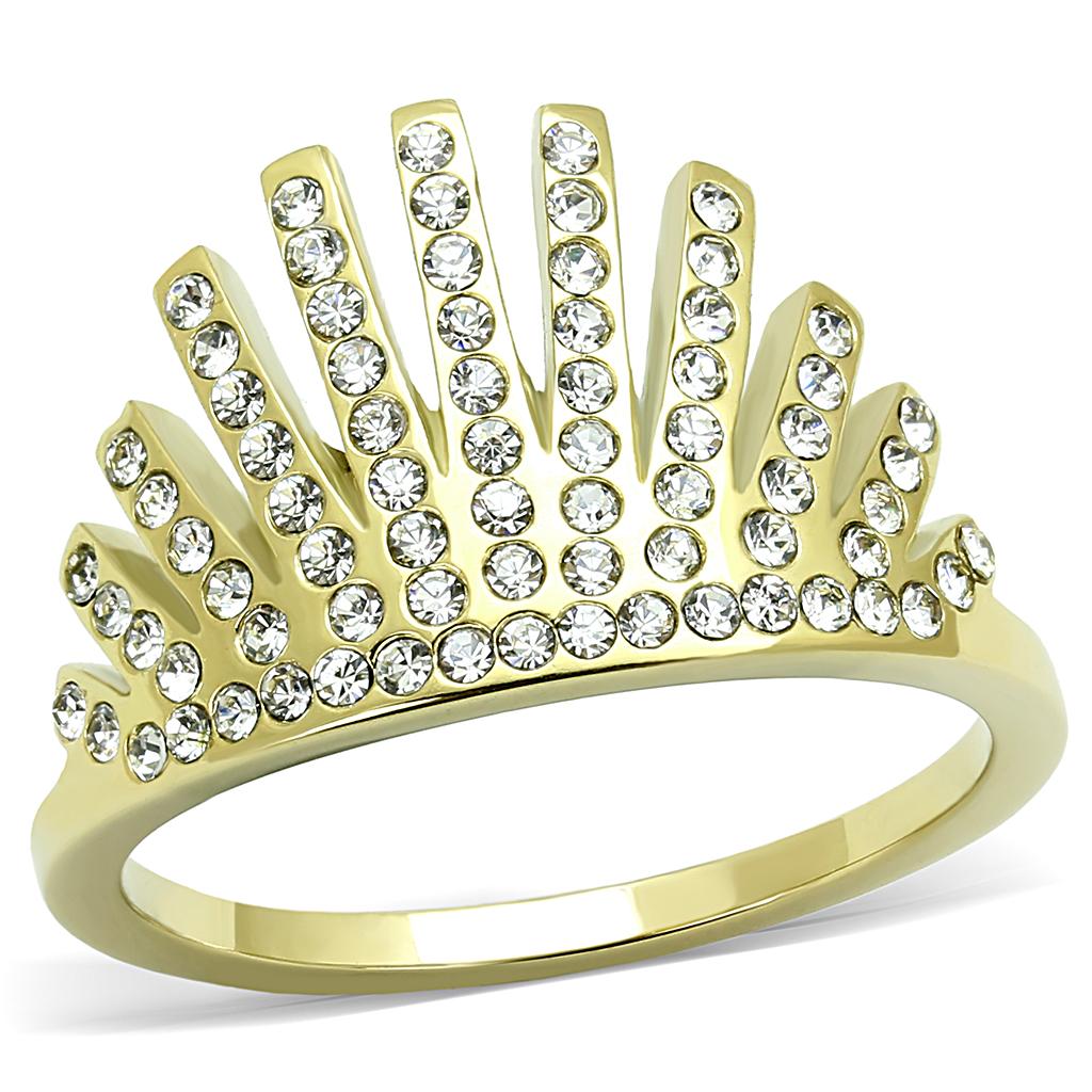 TK3128 IP Gold Stainless Steel Ring featuring a clear top-grade crystal, showcasing a luxurious design and elegant finish.