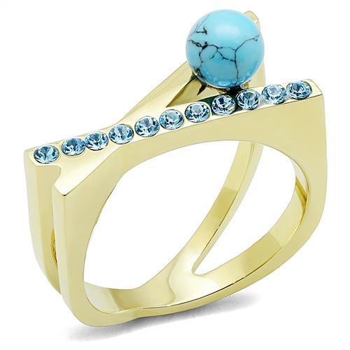 TK3130 IP Gold Stainless Steel Ring featuring a synthetic turquoise stone, showcasing its elegant design and vibrant color.