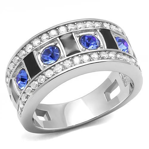 TK3141 High Polished Stainless Steel Ring featuring a sapphire crystal centerpiece, showcasing its elegant design and shiny finish.