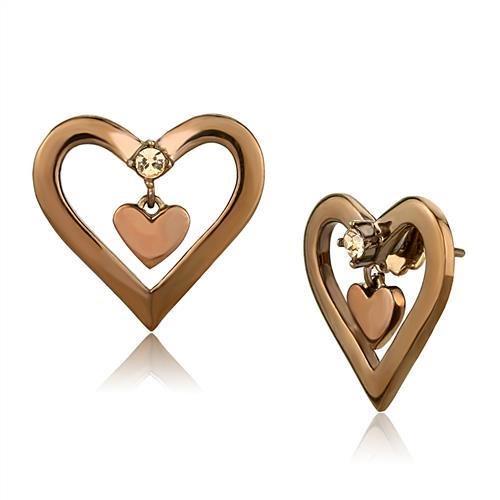 TK3156 IP Rose Gold Stainless Steel Earrings featuring light peach crystals, elegantly designed for a luxurious look.