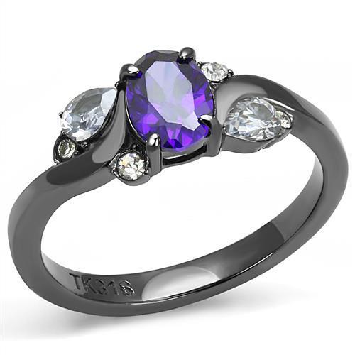 TK3169 IP Light Black Stainless Steel Ring featuring AAA Grade CZ stone in tanzanite color, showcasing a modern and elegant design.