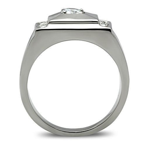 TK317 High Polished Stainless Steel Ring featuring a clear AAA Grade CZ center stone, showcasing a shiny and elegant design.
