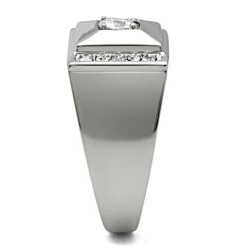 TK317 High Polished Stainless Steel Ring featuring a clear AAA Grade CZ center stone, showcasing a shiny and elegant design.