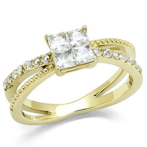 TK3181 IP Gold Stainless Steel Ring featuring AAA Grade clear CZ stone, showcasing its elegant design and luxurious finish.