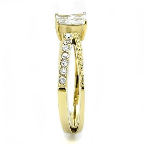 TK3181 IP Gold Stainless Steel Ring featuring AAA Grade clear CZ stone, showcasing its elegant design and luxurious finish.