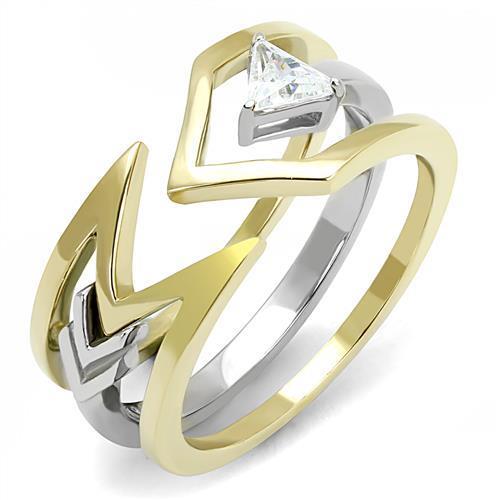TK3183 Two-Tone IP Gold Stainless Steel Ring featuring a clear AAA grade CZ stone, showcasing a stylish and elegant design.