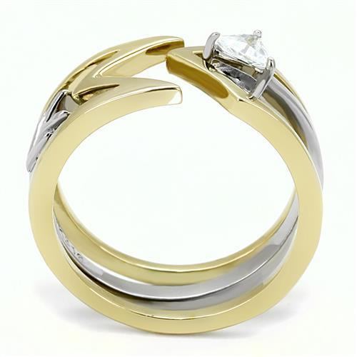 TK3183 Two-Tone IP Gold Stainless Steel Ring featuring a clear AAA grade CZ stone, showcasing a stylish and elegant design.