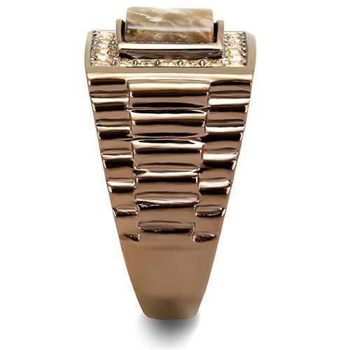 TK3190 IP Coffee light Stainless Steel Ring featuring a semi-precious Rain Flower Stone in brown, showcasing its elegant design.