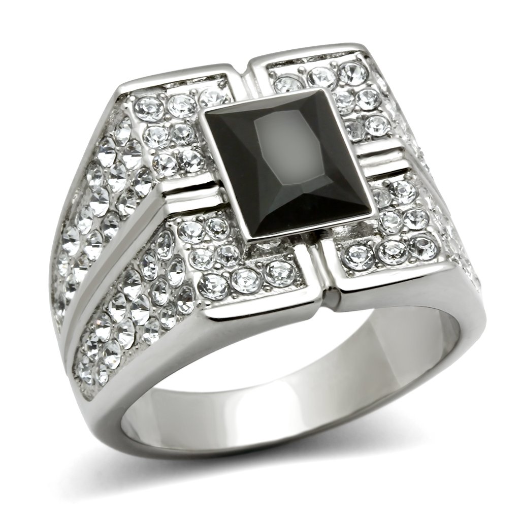TK320 High Polished Stainless Steel Ring featuring a jet black synthetic glass center stone, showcasing a sleek and elegant design.