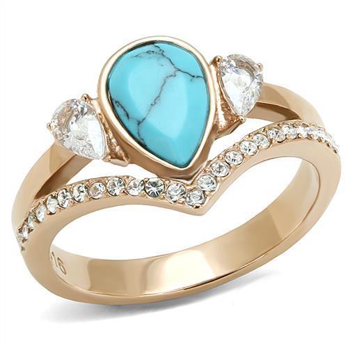 TK3200 IP Rose Gold Stainless Steel Ring featuring a synthetic turquoise stone in sea blue color.