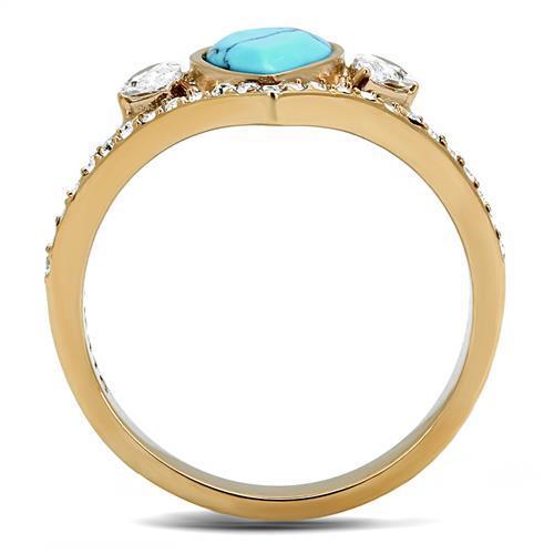 TK3200 IP Rose Gold Stainless Steel Ring featuring a synthetic turquoise stone in sea blue color.