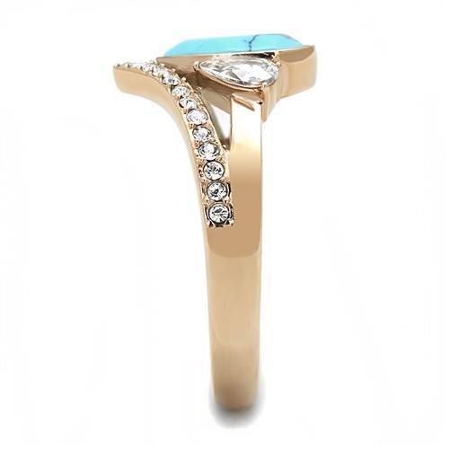 TK3200 IP Rose Gold Stainless Steel Ring featuring a synthetic turquoise stone in sea blue color.