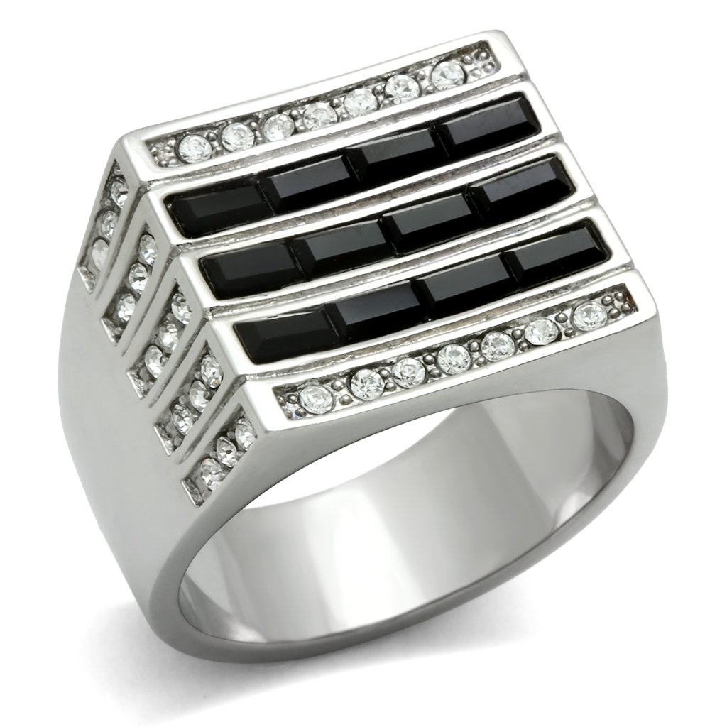 TK321 High Polished Stainless Steel Ring featuring a top-grade jet crystal centerpiece, showcasing a sleek and modern design.
