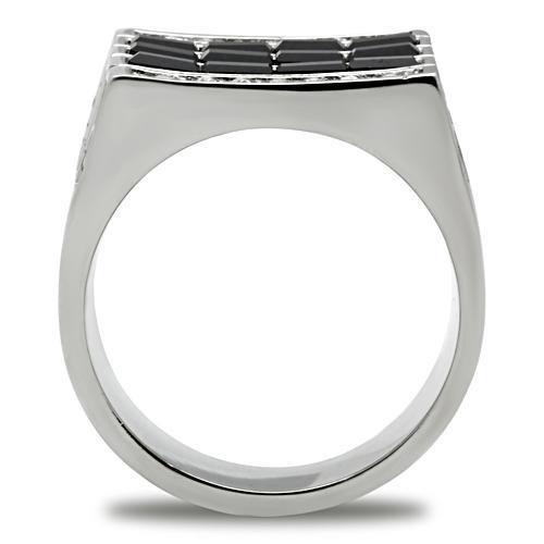 TK321 High Polished Stainless Steel Ring featuring a top-grade jet crystal centerpiece, showcasing a sleek and modern design.