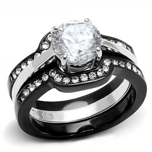TK3214 Two-Tone IP Black Stainless Steel Ring featuring a clear AAA grade CZ stone, showcasing a modern and elegant design.