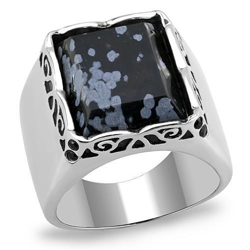 TK3230 High Polished Stainless Steel Ring featuring a Snowflake Obsidian center stone, showcasing its elegant design and shiny finish.