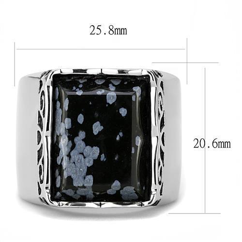 TK3230 High Polished Stainless Steel Ring featuring a Snowflake Obsidian center stone, showcasing its elegant design and shiny finish.