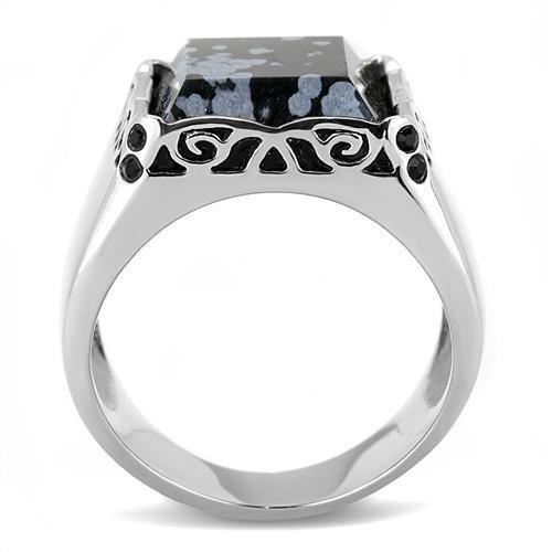 TK3230 High Polished Stainless Steel Ring featuring a Snowflake Obsidian center stone, showcasing its elegant design and shiny finish.