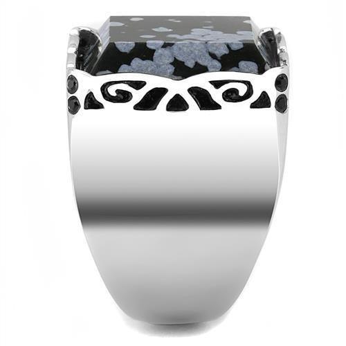 TK3230 High Polished Stainless Steel Ring featuring a Snowflake Obsidian center stone, showcasing its elegant design and shiny finish.
