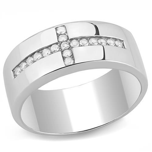 TK3225 High Polished Stainless Steel Ring featuring a clear AAA Grade CZ stone, showcasing its elegant design and shiny finish.