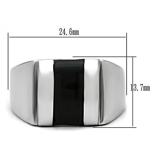 TK326 High Polished Stainless Steel Ring featuring a Jet Epoxy center stone, showcasing a sleek and modern design.