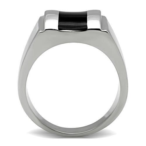 TK326 High Polished Stainless Steel Ring featuring a Jet Epoxy center stone, showcasing a sleek and modern design.