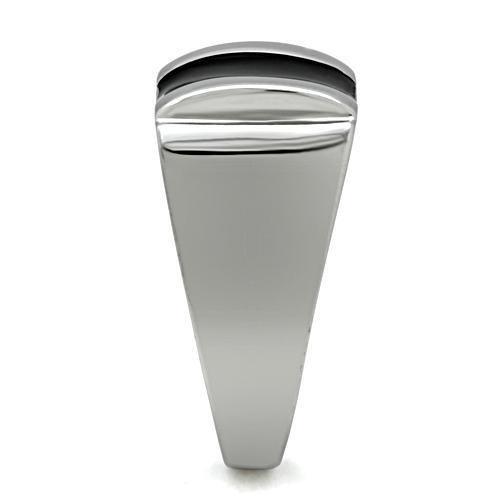 TK326 High Polished Stainless Steel Ring featuring a Jet Epoxy center stone, showcasing a sleek and modern design.