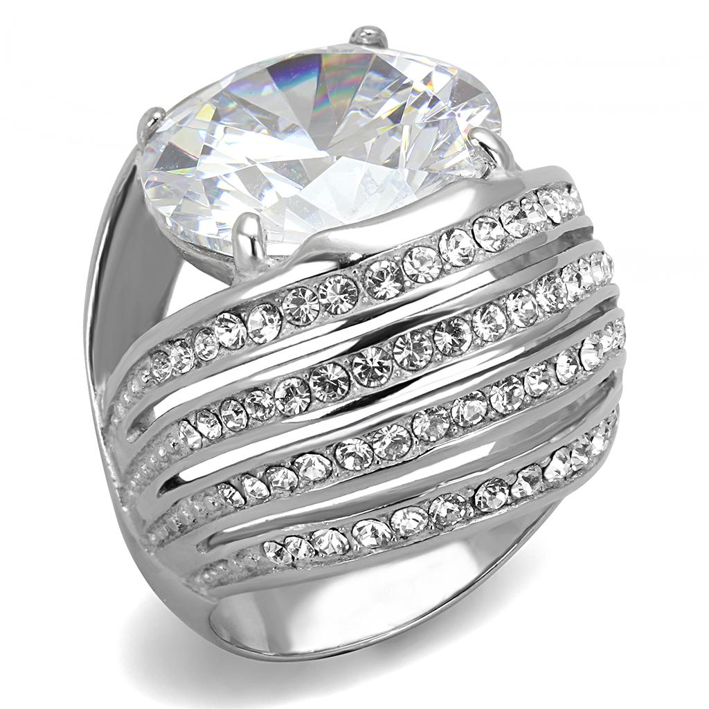 TK3263 High Polished Stainless Steel Ring featuring a clear AAA Grade CZ center stone, showcasing a sleek and shiny design.