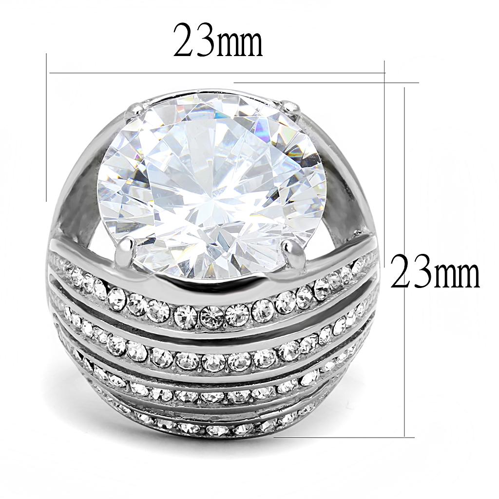 TK3263 High Polished Stainless Steel Ring featuring a clear AAA Grade CZ center stone, showcasing a sleek and shiny design.