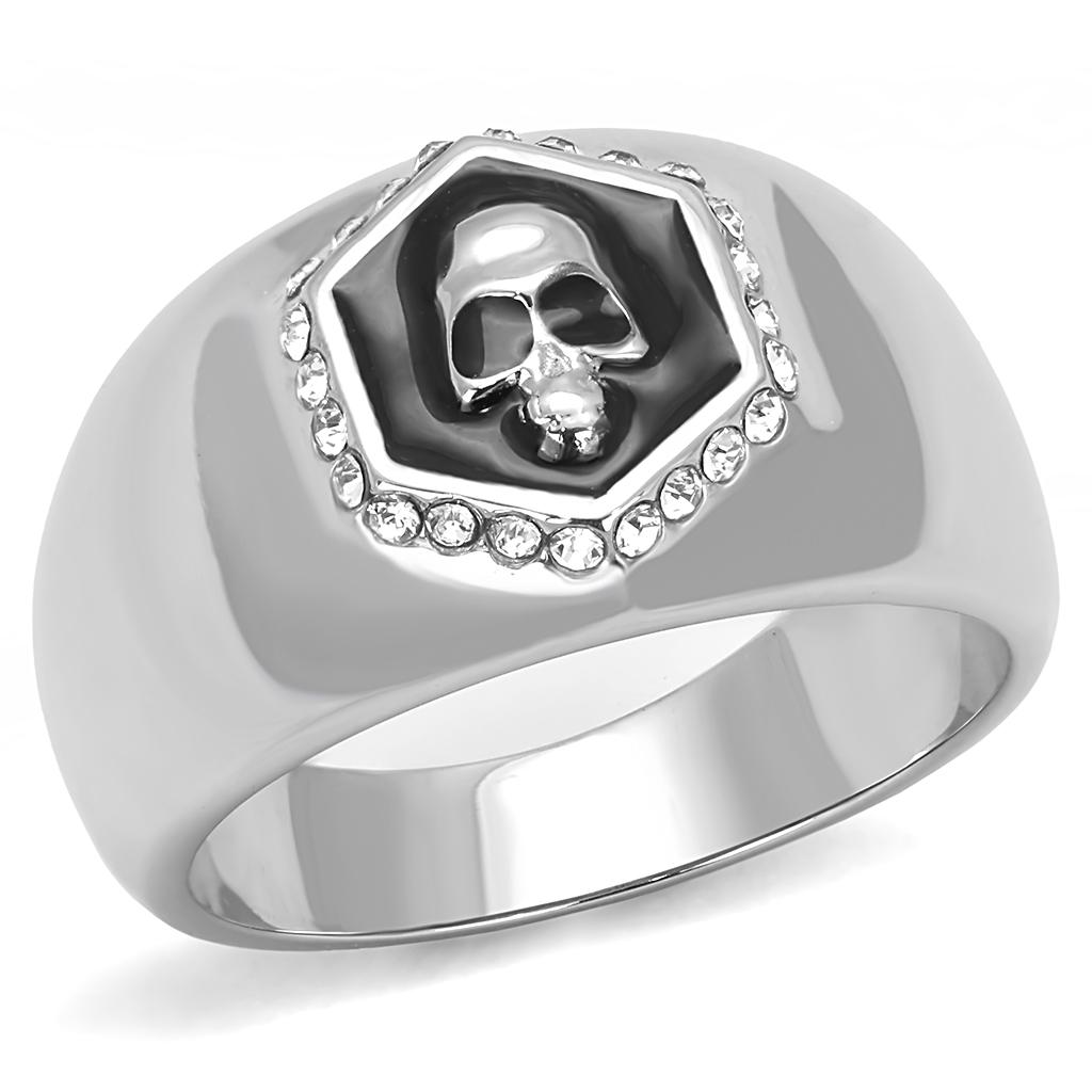 TK3277 High Polished Stainless Steel Ring featuring a jet black epoxy center stone, showcasing a sleek and elegant design.
