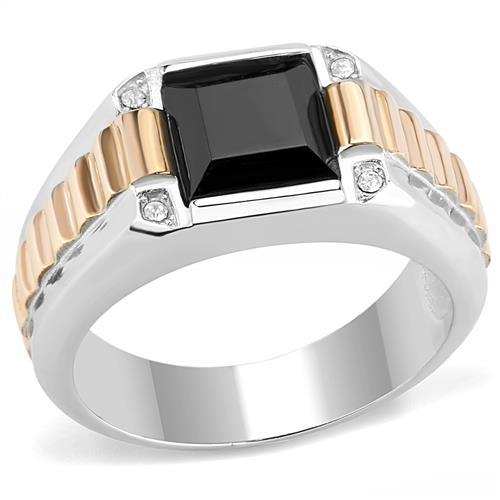 TK3227 Two-Tone IP Rose Gold Stainless Steel Ring featuring a synthetic onyx stone, showcasing its elegant design and luxurious finish.