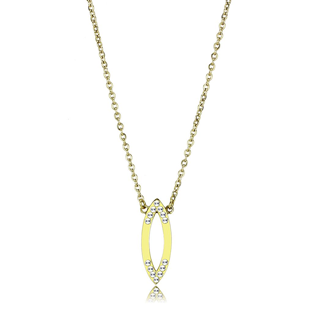 TK3285 IP Gold Stainless Steel Necklace featuring a clear top-grade crystal centerpiece, showcasing elegance and durability.