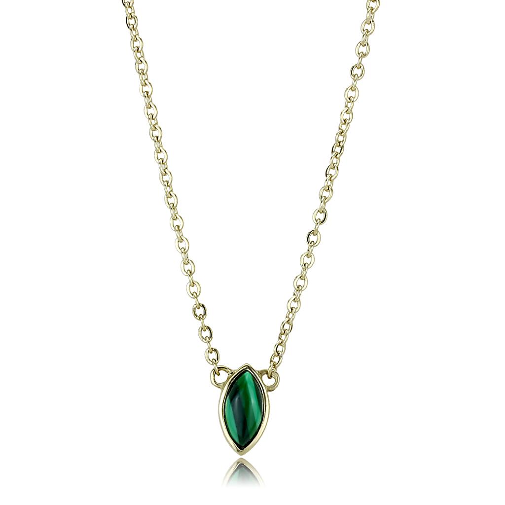 TK3286 IP Gold Stainless Steel Necklace featuring a synthetic malachite stone in emerald color, showcasing its elegant design.