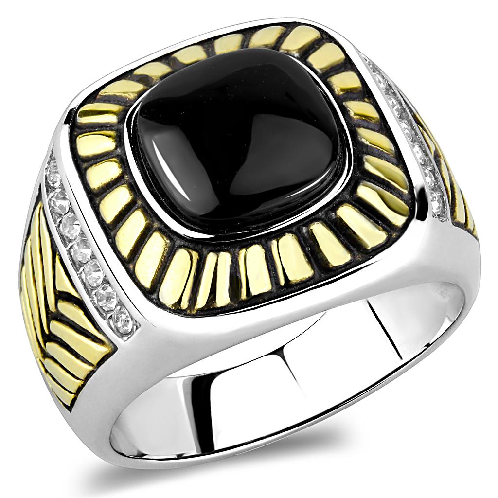 TK3294 Two-Tone IP Gold Stainless Steel Ring featuring a synthetic onyx stone, showcasing its elegant design and luxurious finish.