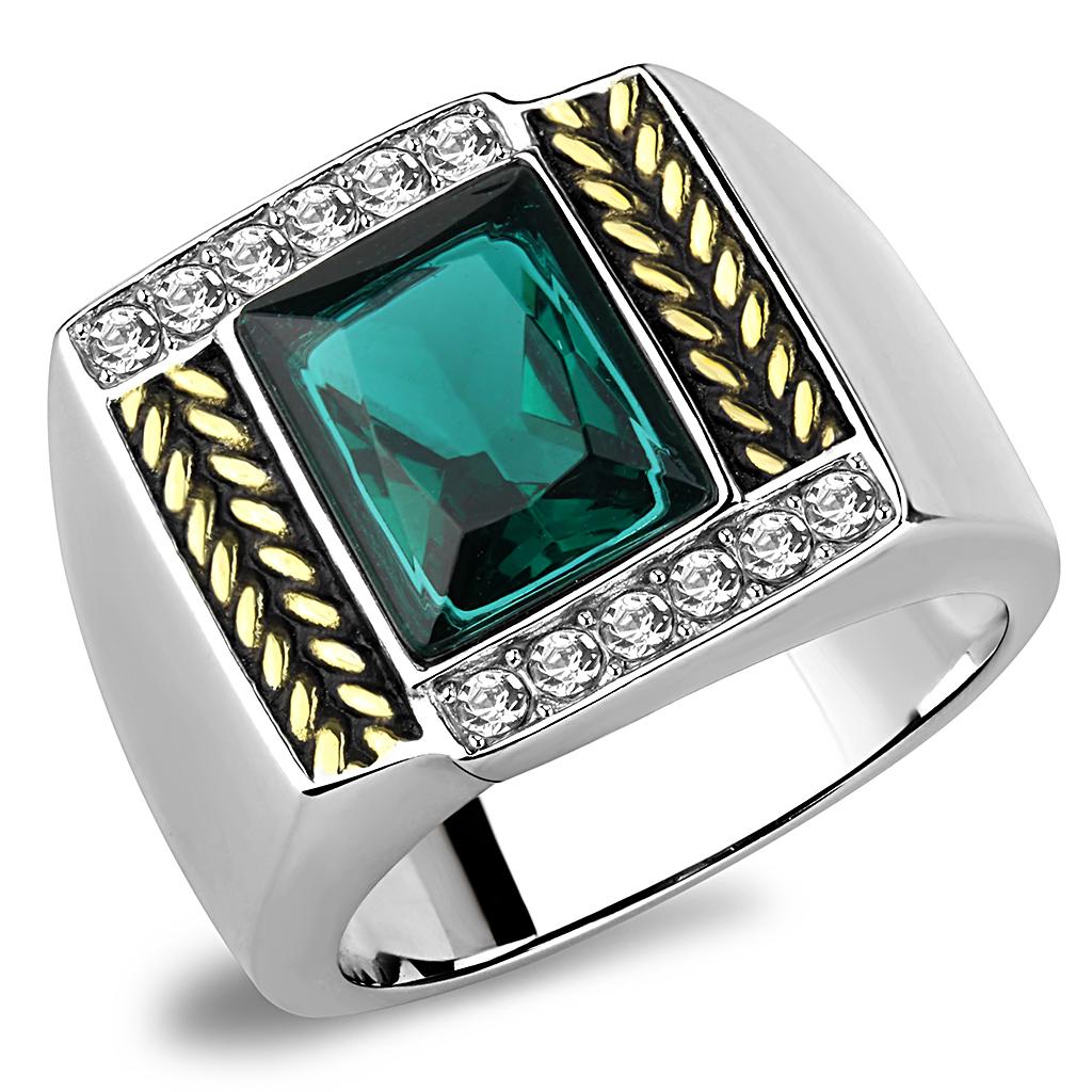 TK3295 Two-Tone IP Gold Stainless Steel Ring featuring a blue zircon synthetic stone, showcasing its elegant design and luxurious finish.