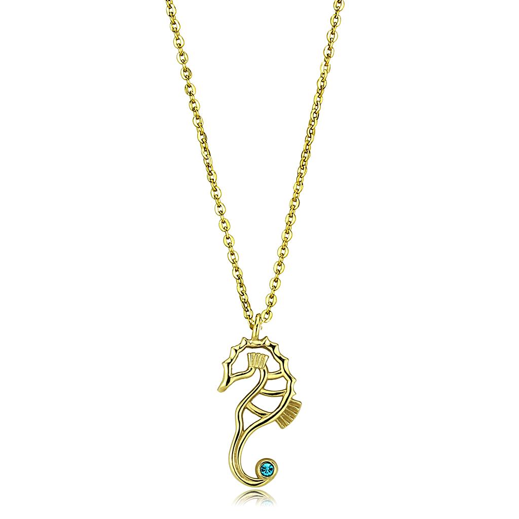 TK3296 IP Gold Stainless Steel Necklace featuring a blue zircon crystal centerpiece, showcasing elegance and durability.