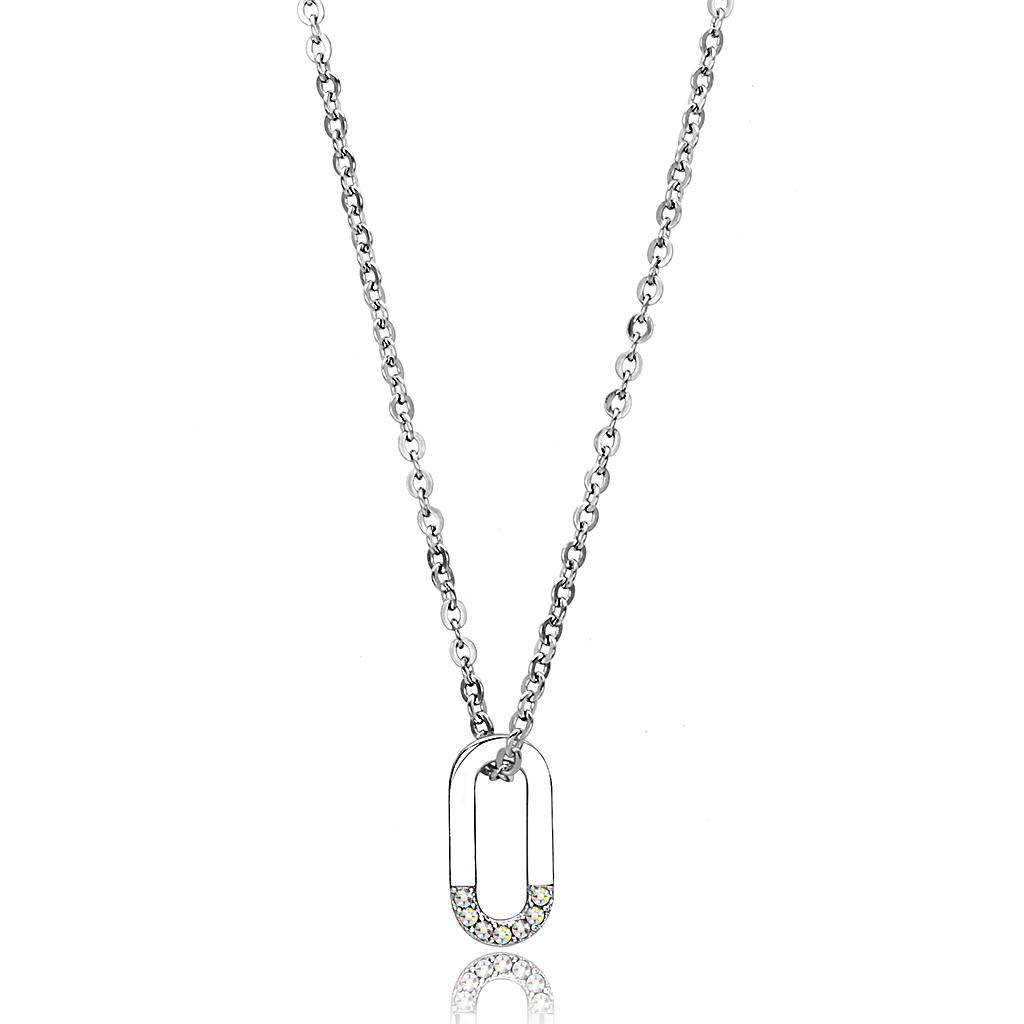 High polished stainless steel necklace featuring a top grade white AB crystal centerpiece, showcasing elegance and durability.