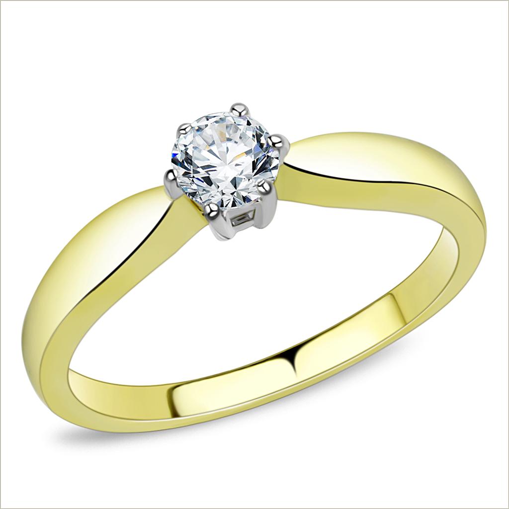 TK3440 Two-Tone IP Gold Stainless Steel Ring featuring a clear AAA grade cubic zirconia stone, showcasing a stylish and elegant design.