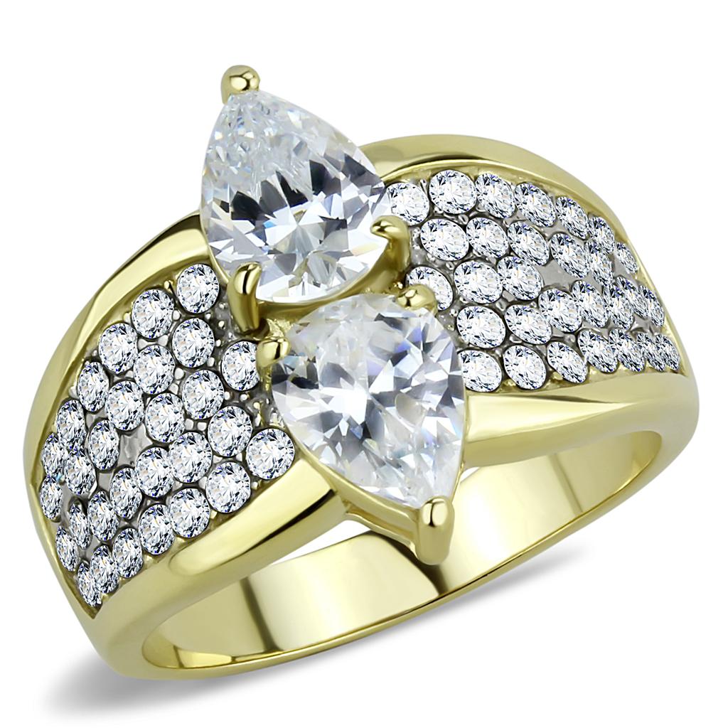 TK3442 Two-Tone IP Gold Stainless Steel Ring featuring a clear AAA grade CZ stone, showcasing a luxurious design.
